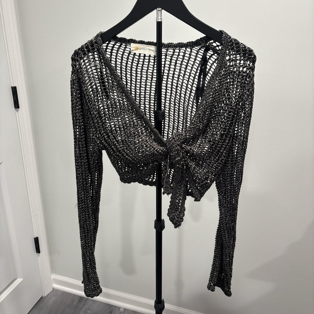 Ocean Drive Black Metallic Open-Knit Tie Top